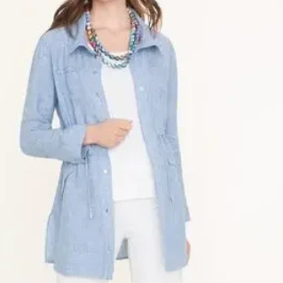 Chico's Jacket Women's Sz 12/14 Blue Cross Dye Linen Utility Jacket‎ (Chico's 2) - Picture 2 of 15